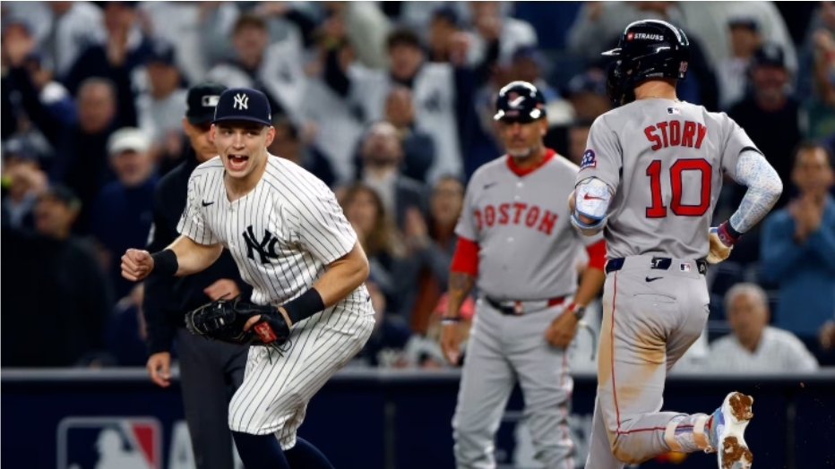 Players of the New York Yankees and Boston Red Sox during the game